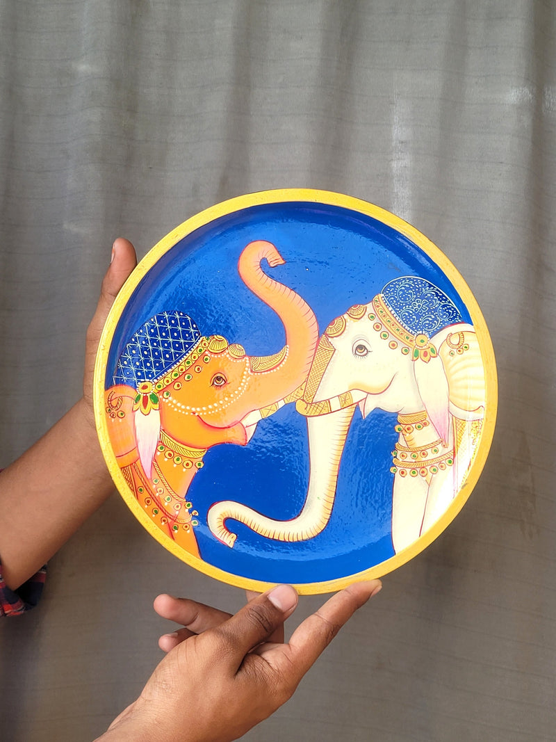 Wooden Pichwai Painting Wall Plate Hand Painted Two Elephants 10 Inch Design 1 Solid Wood Indian Handicrafts (10H x 10L x 1W Inches)