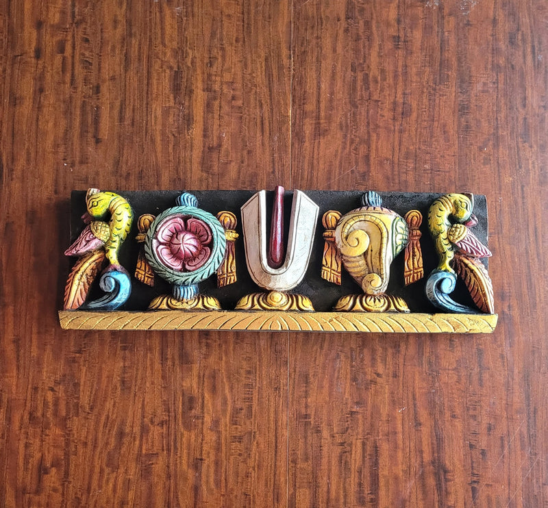 Wooden Namam Sangu Chakram Wooden Wall Panel Frame 18 Inch Wall Hanging Design 4 Mahogany Wood Carving Traditional Chettinad Indian Handicrafts (6 H x 18 L x 2 W inches)