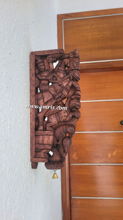 Horse riding man with Yali and parrot Wall Bracket / Corbel Natural Colour Wood Carving Vagai Wood Traditional Chettinad Handicrafts Red (18 H x 8 L x 2 W inches)