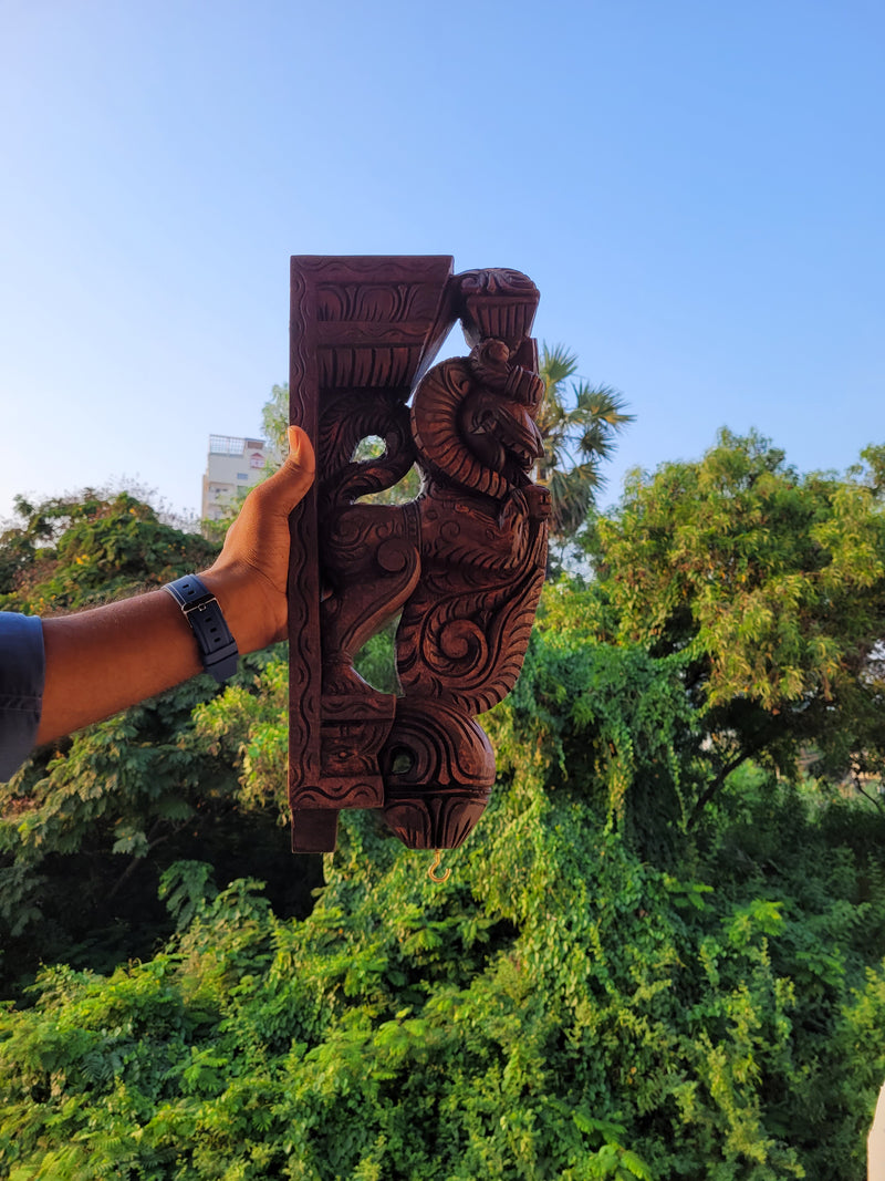 Yazhi / Yali BIG Wood Carving Wall Bracket / Corbel Mahogany Wood Traditional Chettinad Indian Handicrafts Rosewood Colour (18 H x 8 L x 3 W Inches)