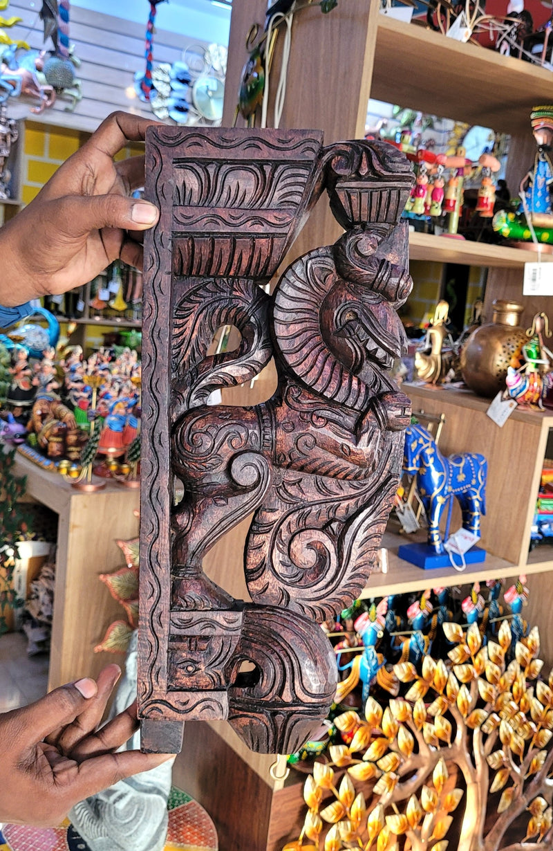 Yazhi / Yali BIG Wood Carving Wall Bracket / Corbel Mahogany Wood Traditional Chettinad Indian Handicrafts Rosewood Colour (18 H x 8 L x 3 W Inches)