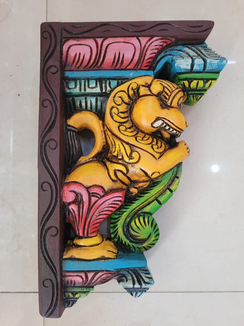 Yazhi / Yalli Yellow Wood Carving Wall Bracket / Corbel Entrance Decor Pillar Decor Traditional Chettinad Handicrafts (12H x 8L x 3W Inches)