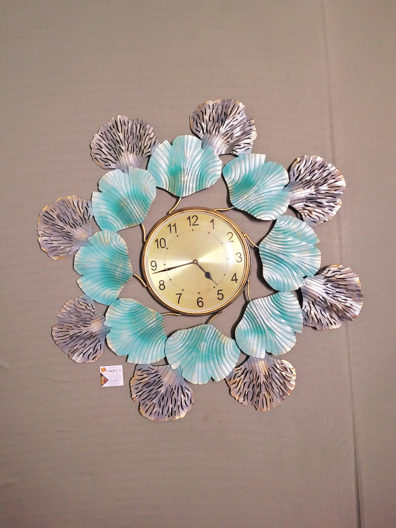 Blue silver Flower round Clock Wall hanging show piece wall clock iron ( 31 H, 31 L, 1 W) Inches