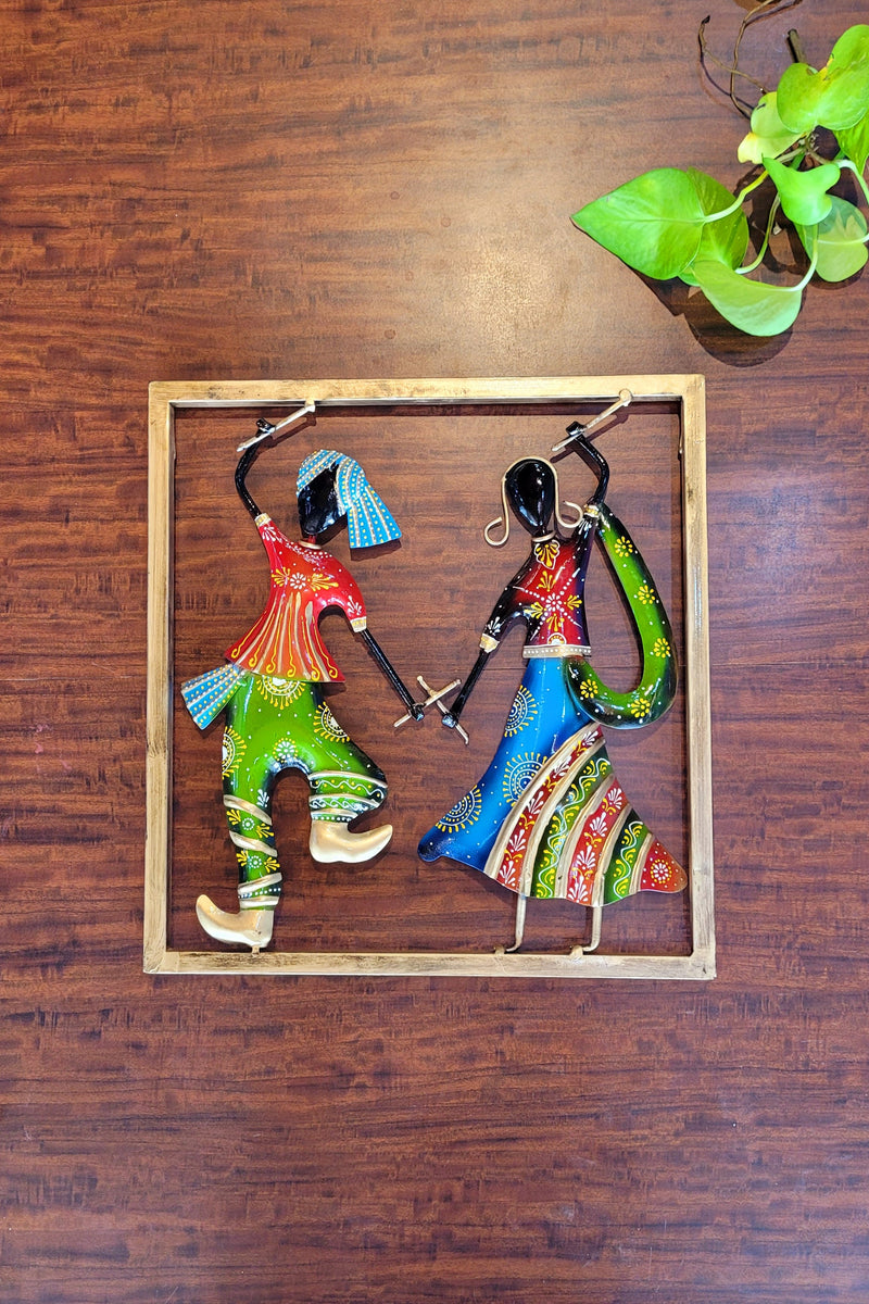 Dandiya Dancing Couple Green and Orange Wall decor Frame 13.5 * 12.5 inch Iron