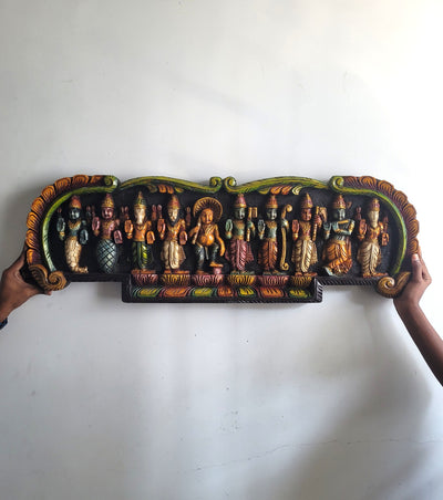 Dasavatharam Wood Carving Wall Panel / Wall Hanging Maghony Wood Pooja Room Entrance Door Traditional Chettinad Handicrafts (12 H x 36 L x 2 W inches)