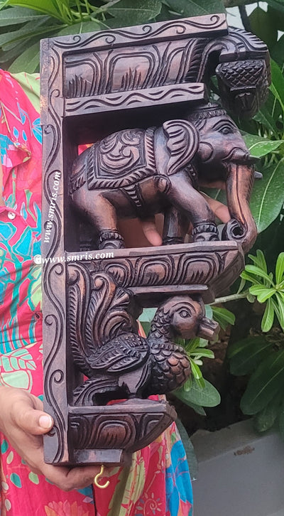 Elephant With Annam BIG Wall Bracket / Corbel Natural Colour Wood Carving Maghony Wood Traditional Chettinad Indian Handicrafts Red (18 H x 9.5 L x 3.5 W inches)