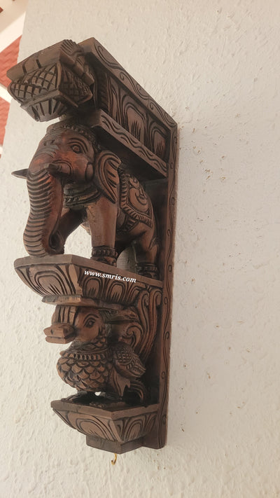 Elephant With Annam BIG Wall Bracket / Corbel Natural Colour Wood Carving Maghony Wood Traditional Chettinad Indian Handicrafts Red (18 H x 9.5 L x 3.5 W inches)