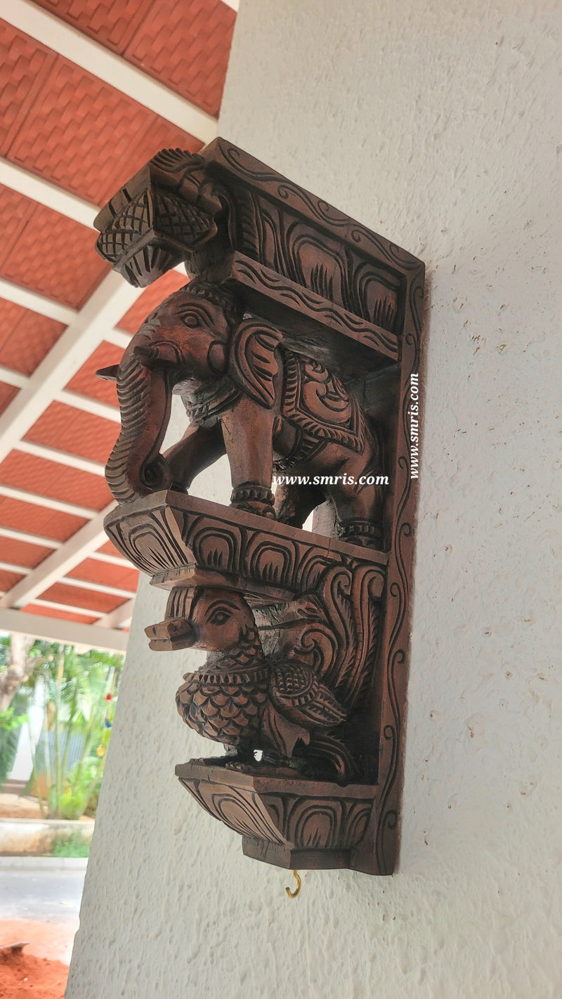 Elephant With Annam BIG Wall Bracket / Corbel Natural Colour Wood Carving Maghony Wood Traditional Chettinad Indian Handicrafts Red (18 H x 9.5 L x 3.5 W inches)