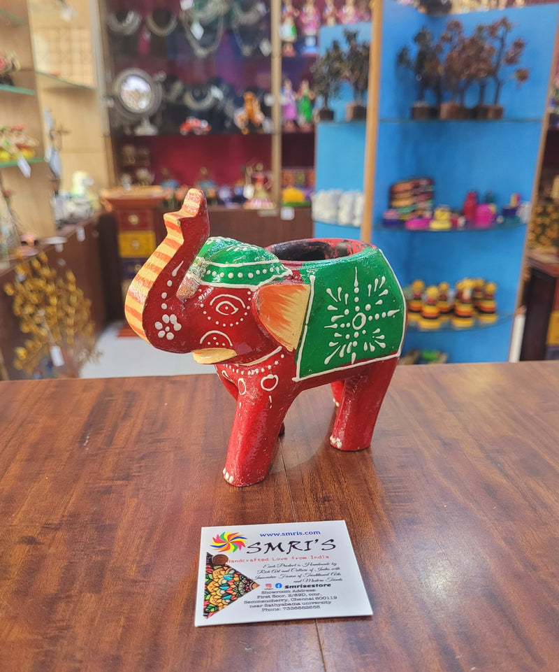 Wooden Carving Elephant Dark Red Deepam Holder Handpainted Indian Handicrafts Home Decor (4 H * 4.5 L *2 W) inches