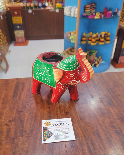 Wooden Carving Elephant Dark Red Deepam Holder Handpainted Indian Handicrafts Home Decor (4 H * 4.5 L *2 W) inches