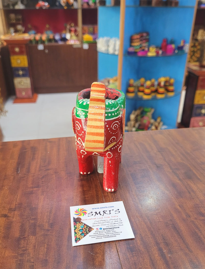 Wooden Carving Elephant Dark Red Deepam Holder Handpainted Indian Handicrafts Home Decor (4 H * 4.5 L *2 W) inches