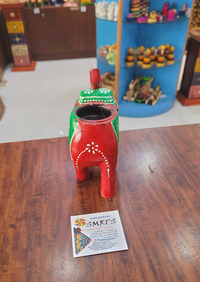 Wooden Carving Elephant Dark Red Deepam Holder Handpainted Indian Handicrafts Home Decor (4 H * 4.5 L *2 W) inches