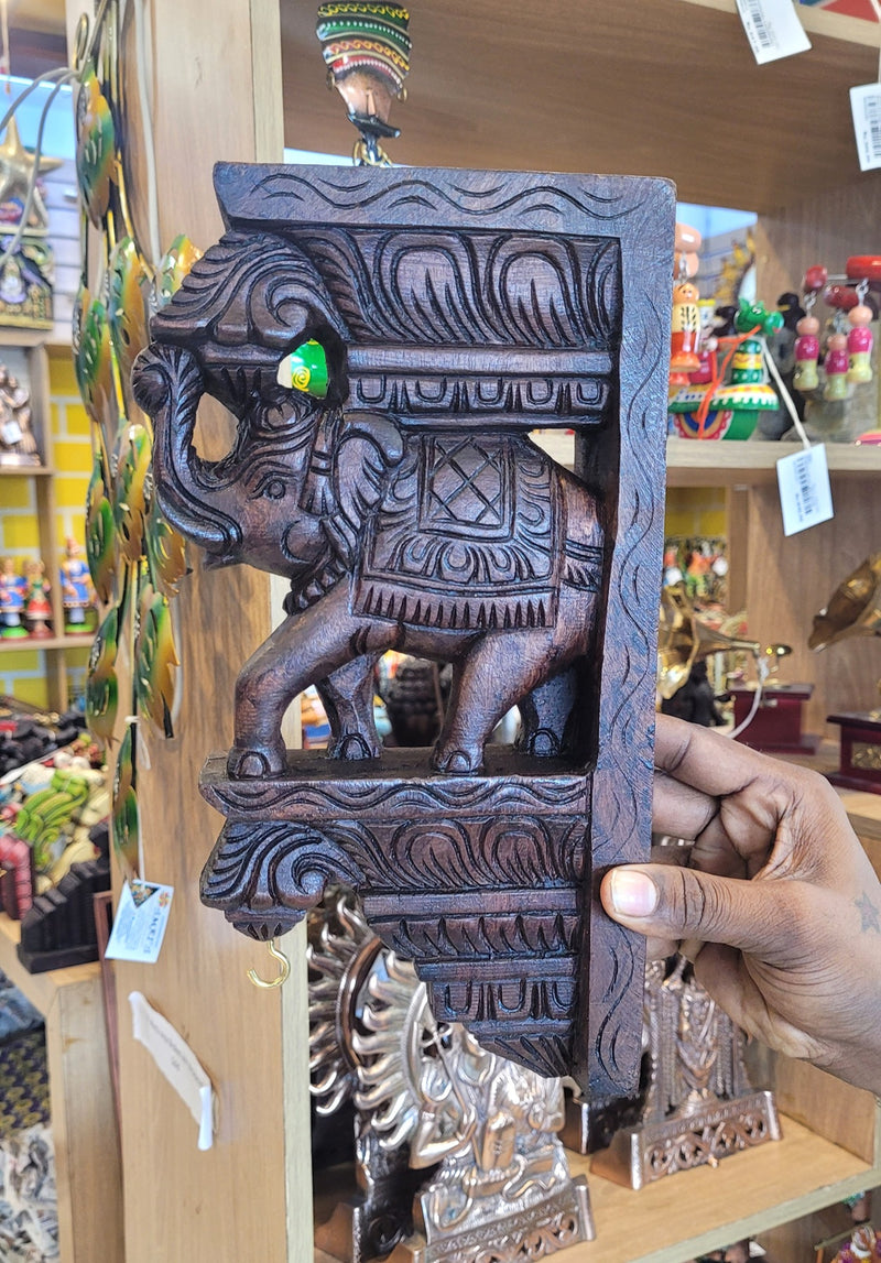 Full Elephant Trunk Up Wall Bracket / Corbel Natural Mahogany Wood Carving Traditional Chettinad Indian Handicrafts ( 12H* 7L* 2W Inches )