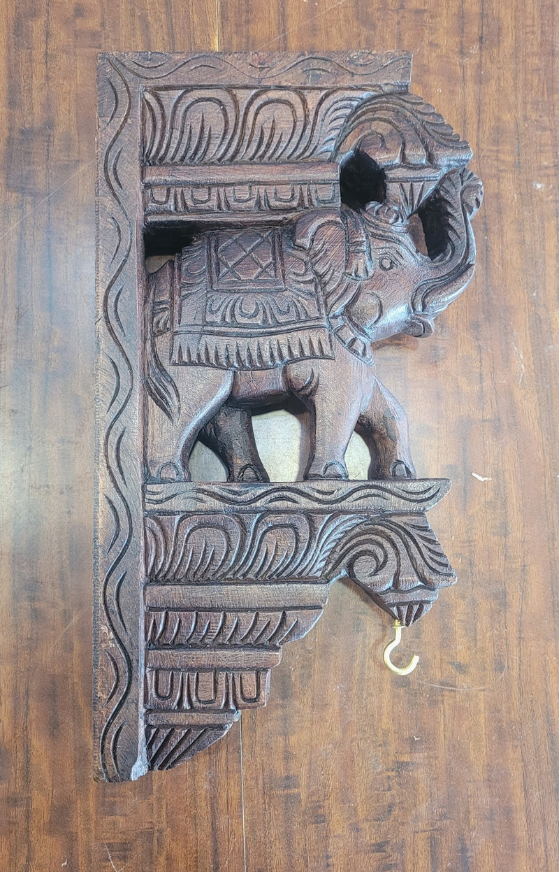 Full Elephant Trunk Up Wall Bracket / Corbel Natural Mahogany Wood Carving Traditional Chettinad Indian Handicrafts ( 12H* 7L* 2W Inches )