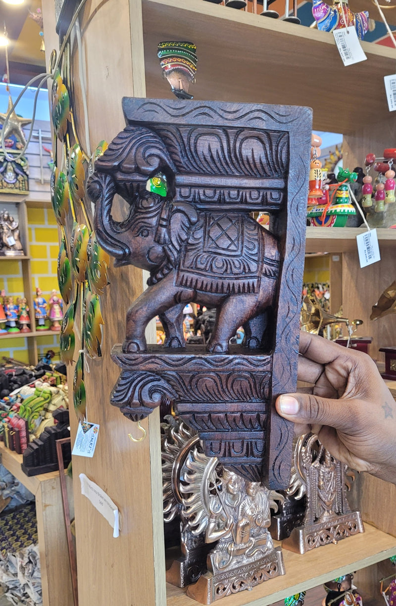 Full Elephant Trunk Up Wall Bracket / Corbel Natural Mahogany Wood Carving Traditional Chettinad Indian Handicrafts ( 12H* 7L* 2W Inches )