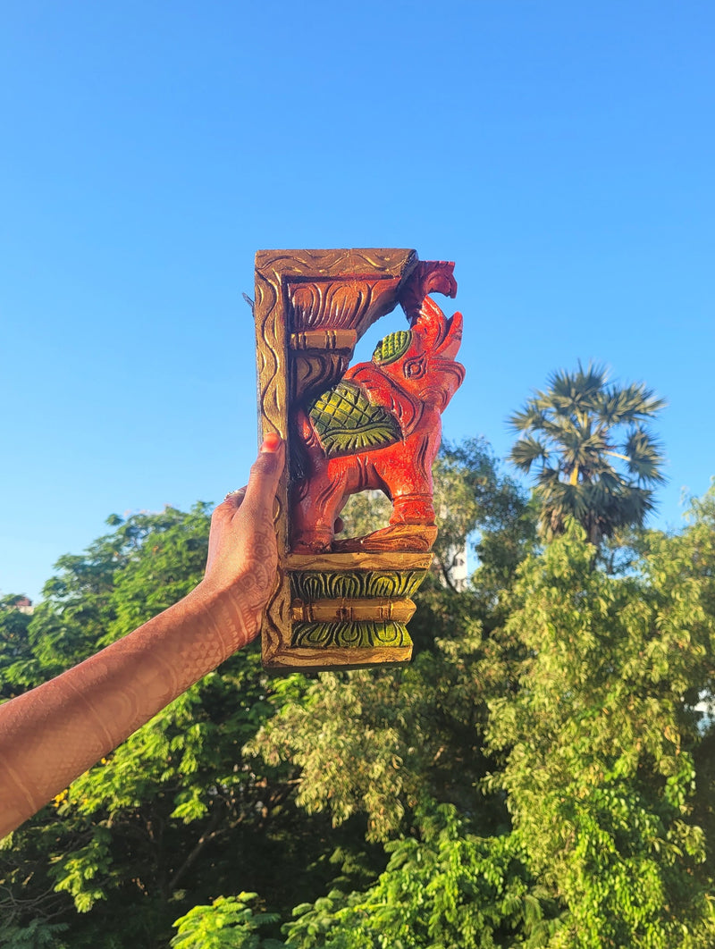 Elephant Wood Carving Wall Bracket / Corbel Maghony Wood Traditional Chettinad Handicrafts Red (12 H x 6 L x 2 W inches)