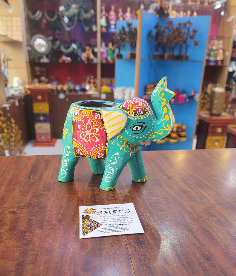 Wooden Carving Elephant Green Deepam Holder Handpainted Indian Handicrafts Home Decor (4 H * 4.5 L *2 W) inches