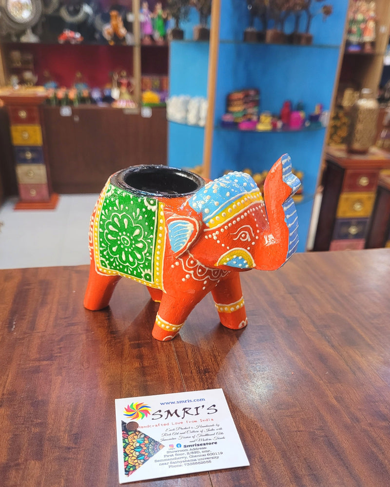 Wooden Carving Elephant Dark Orange Deepam Holder Handpainted Indian Handicrafts Home Decor (4 H * 4.5 L *2 W) inches