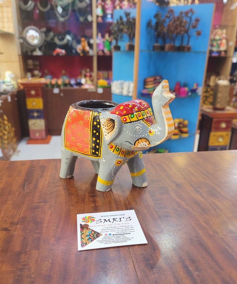 Wooden Carving Elephant Grey Deepam Holder Handpainted Indian Handicrafts Home Decor (4 H * 4.5 L *2 W) inches