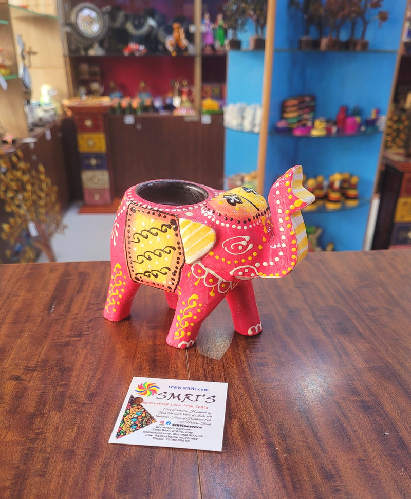 Wooden Carving Elephant Pink Deepam Holder Handpainted Indian Handicrafts Home Decor (4 H * 4.5 L *2 W) inches