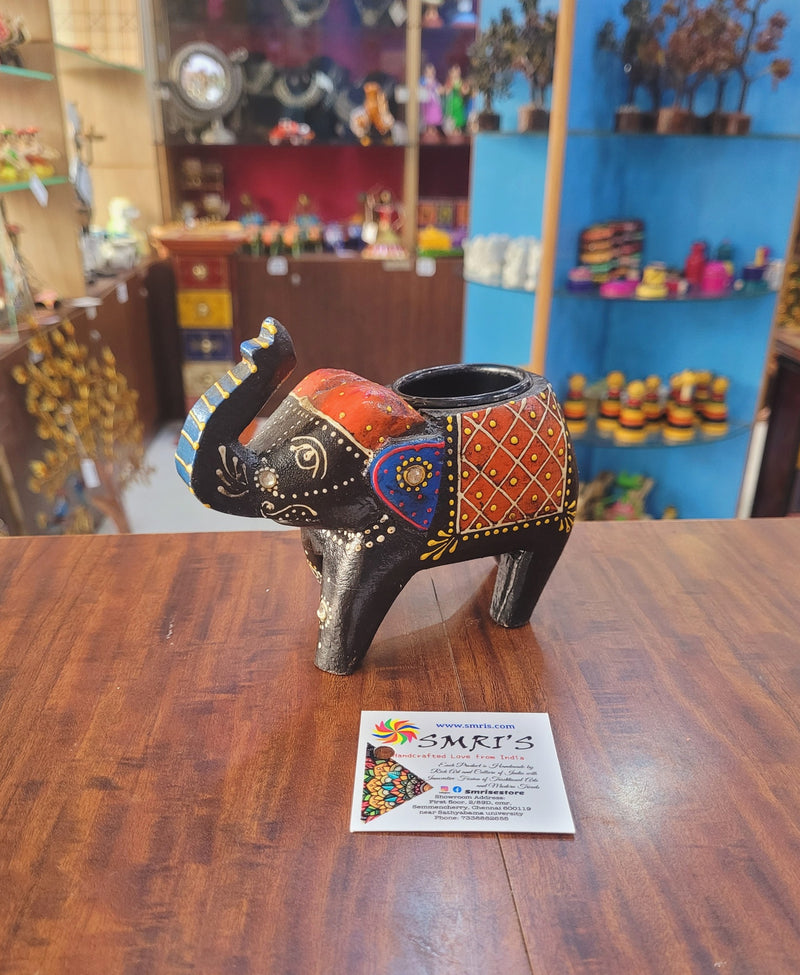 Wooden Carving Elephant Black Deepam Holder Handpainted Indian Handicrafts Home Decor (4 H * 4.5 L *2 W) inches