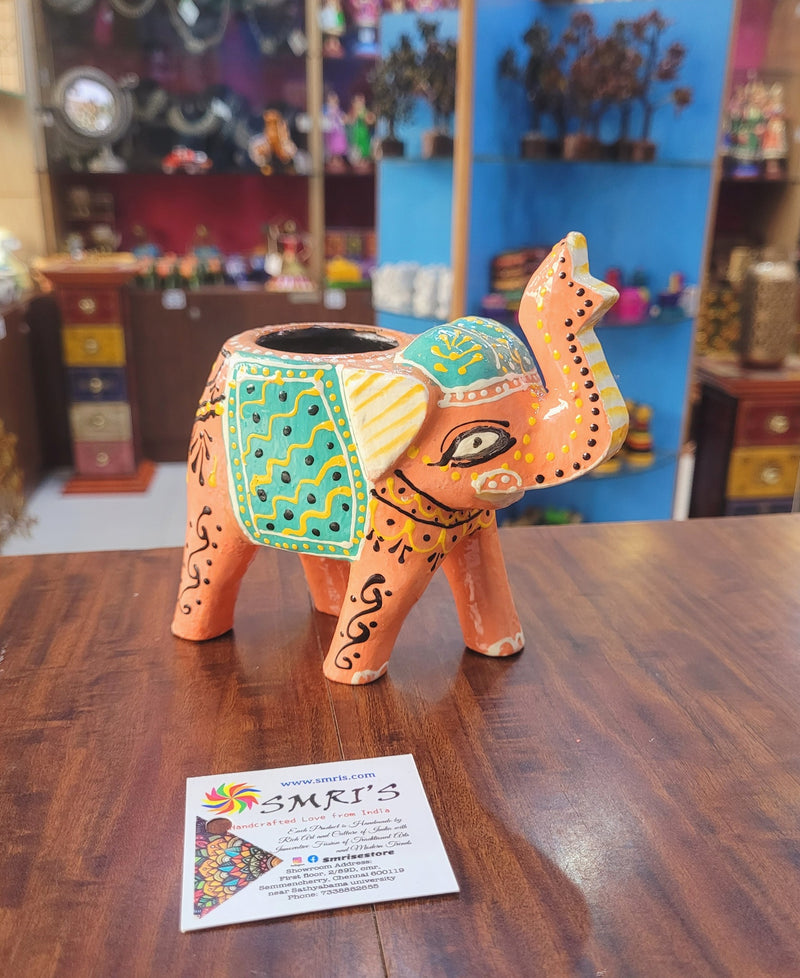 Wooden Carving Elephant Orange Deepam Holder Handpainted Indian Handicrafts Home Decor (4 H * 4.5 L *2 W) inches