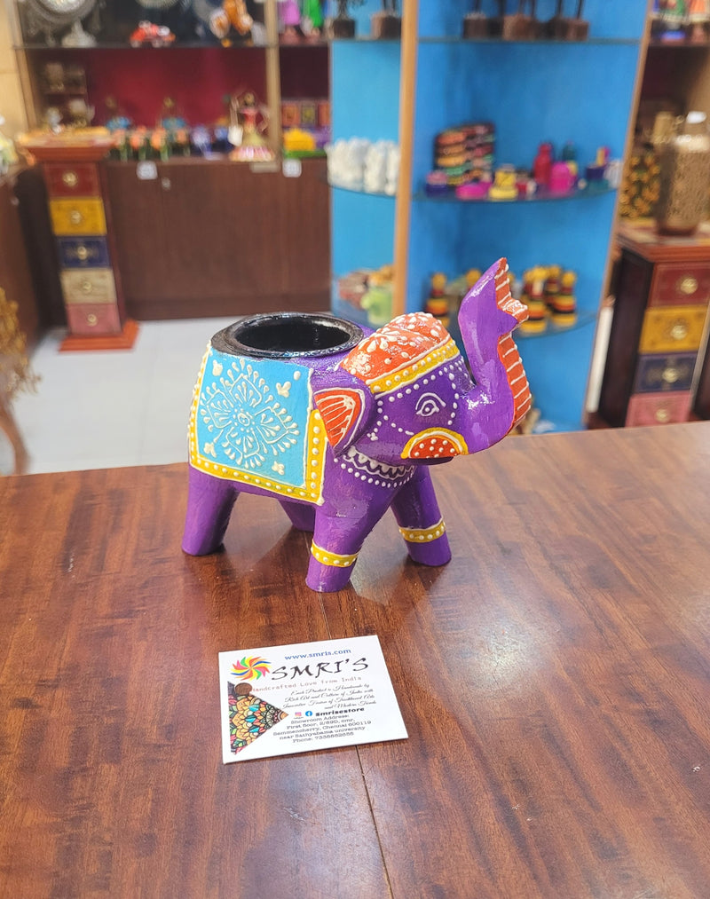 Wooden Carving Elephant Violet Deepam Holder Handpainted Indian Handicrafts Home Decor (4 H * 4.5 L *2 W) inches