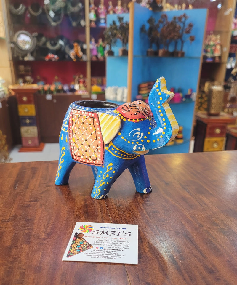 Wooden Carving Elephant Dark Blue Deepam Holder Handpainted Indian Handicrafts Home Decor (4 H * 4.5 L *2 W) inches