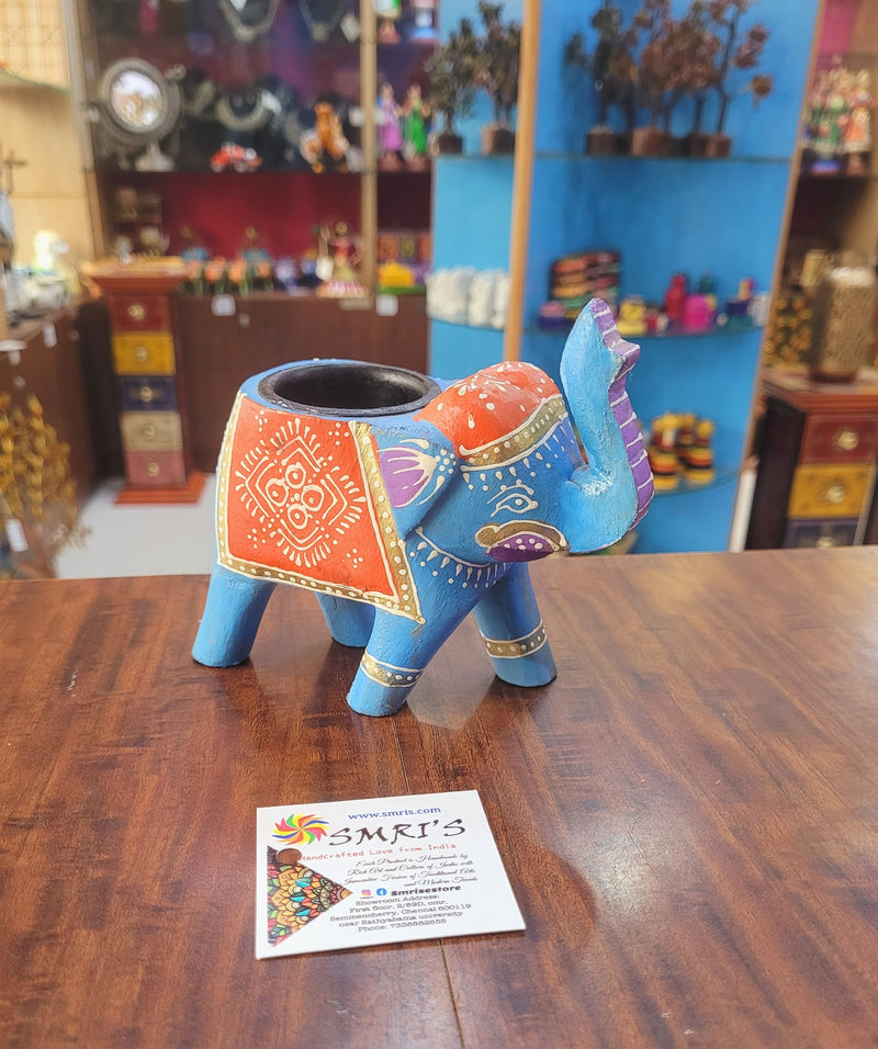 Wooden Carving Elephant Sky Blue Deepam Holder Handpainted Indian Handicrafts Home Decor (4 H * 4.5 L *2 W) inches