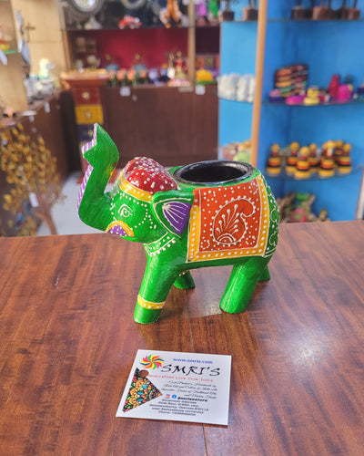 Wooden Carving Elephant Dark Green Deepam Holder Handpainted Indian Handicrafts Home Decor (4 H * 4.5 L *2 W) inches