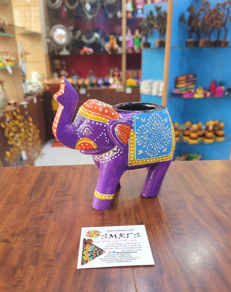 Wooden Carving Elephant Violet Deepam Holder Handpainted Indian Handicrafts Home Decor (4 H * 4.5 L *2 W) inches