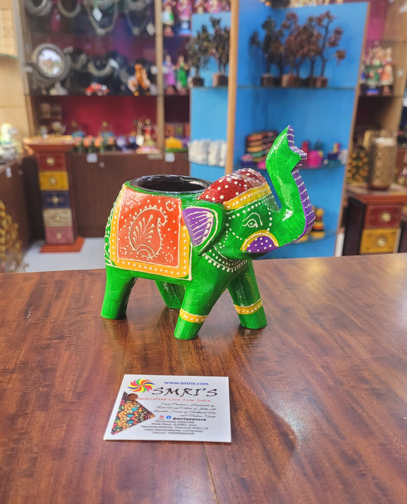 Wooden Carving Elephant Dark Green Deepam Holder Handpainted Indian Handicrafts Home Decor (4 H * 4.5 L *2 W) inches