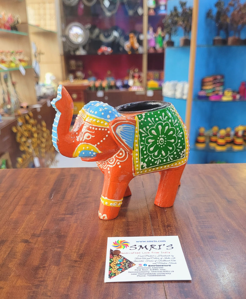 Wooden Carving Elephant Dark Orange Deepam Holder Handpainted Indian Handicrafts Home Decor (4 H * 4.5 L *2 W) inches