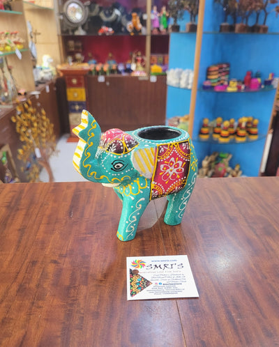 Wooden Carving Elephant Green Deepam Holder Handpainted Indian Handicrafts Home Decor (4 H * 4.5 L *2 W) inches