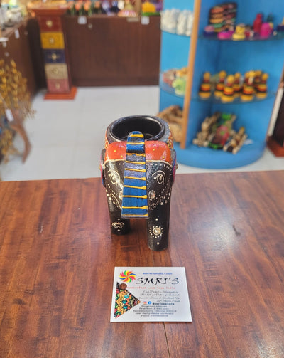 Wooden Carving Elephant Black Deepam Holder Handpainted Indian Handicrafts Home Decor (4 H * 4.5 L *2 W) inches