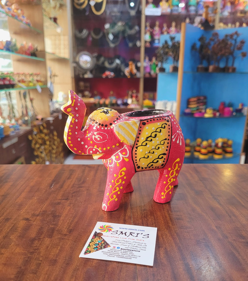 Wooden Carving Elephant Pink Deepam Holder Handpainted Indian Handicrafts Home Decor (4 H * 4.5 L *2 W) inches