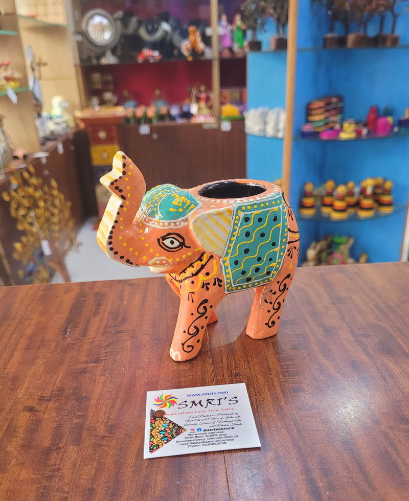 Wooden Carving Elephant Orange Deepam Holder Handpainted Indian Handicrafts Home Decor (4 H * 4.5 L *2 W) inches