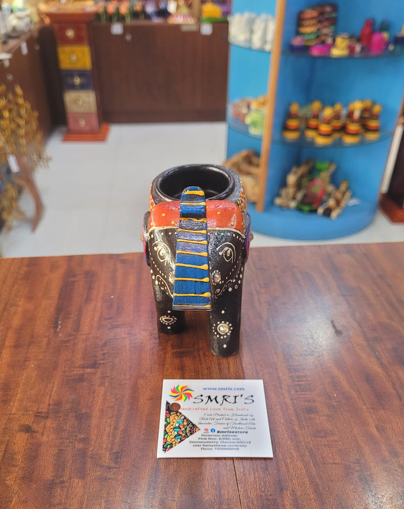 Wooden Carving Elephant Black Deepam Holder Handpainted Indian Handicrafts Home Decor (4 H * 4.5 L *2 W) inches