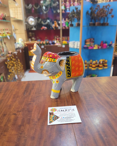 Wooden Carving Elephant Grey Deepam Holder Handpainted Indian Handicrafts Home Decor (4 H * 4.5 L *2 W) inches