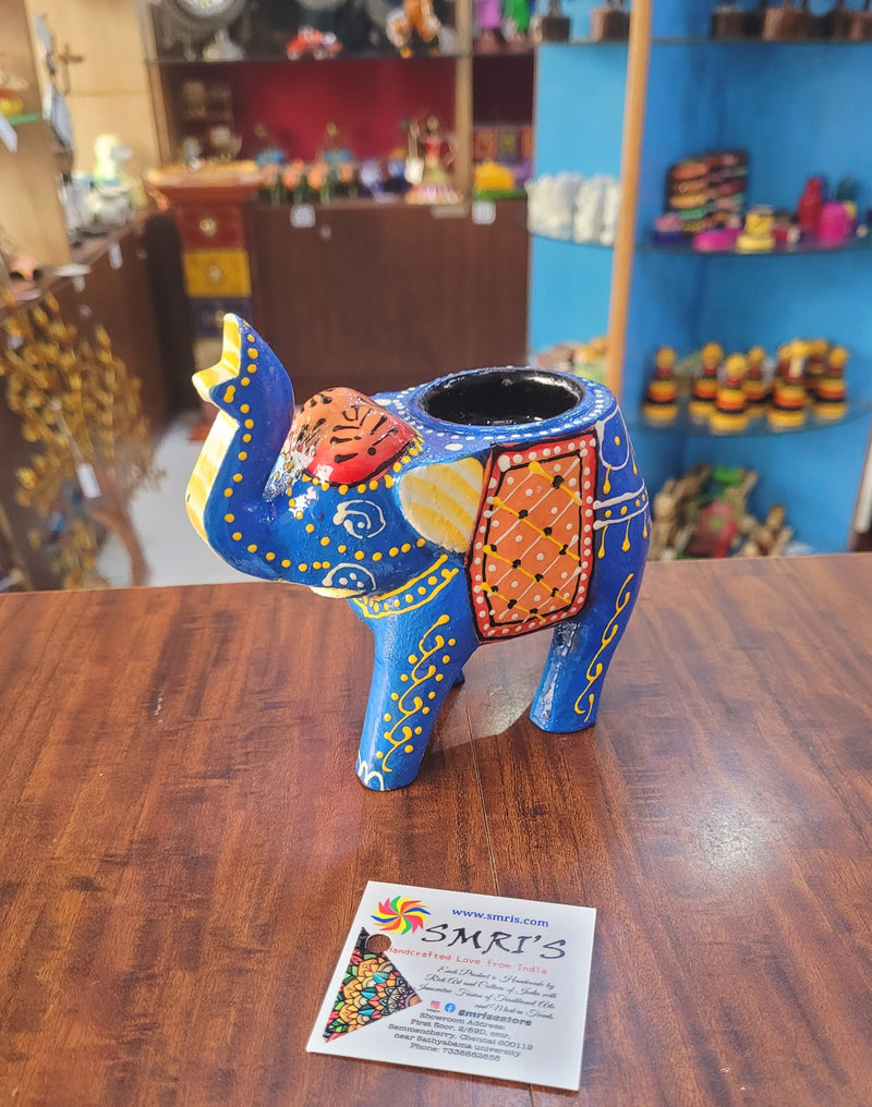 Wooden Carving Elephant Dark Blue Deepam Holder Handpainted Indian Handicrafts Home Decor (4 H * 4.5 L *2 W) inches