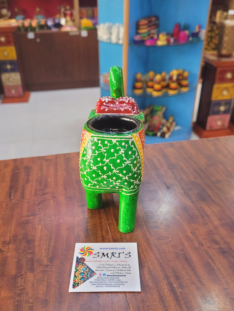 Wooden Carving Elephant Dark Green Deepam Holder Handpainted Indian Handicrafts Home Decor (4 H * 4.5 L *2 W) inches