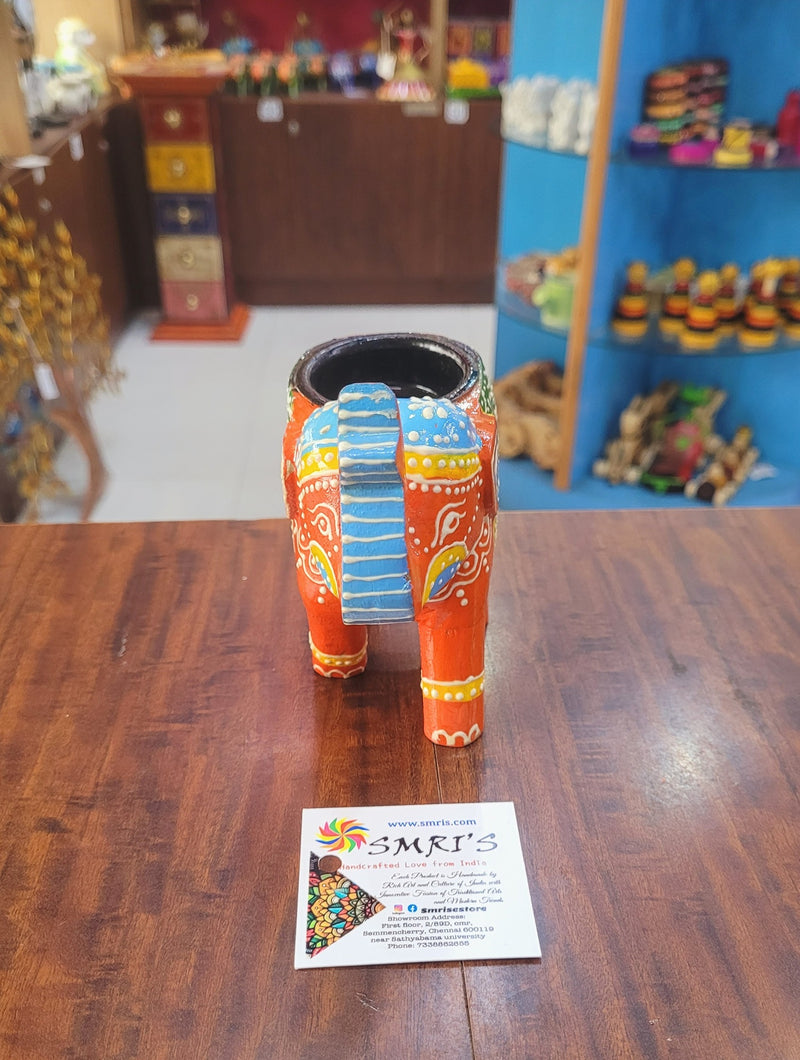 Wooden Carving Elephant Dark Orange Deepam Holder Handpainted Indian Handicrafts Home Decor (4 H * 4.5 L *2 W) inches