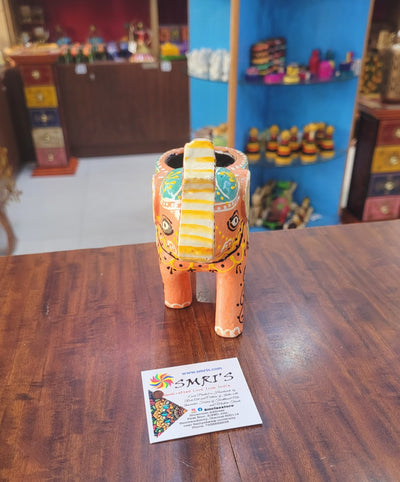 Wooden Carving Elephant Orange Deepam Holder Handpainted Indian Handicrafts Home Decor (4 H * 4.5 L *2 W) inches