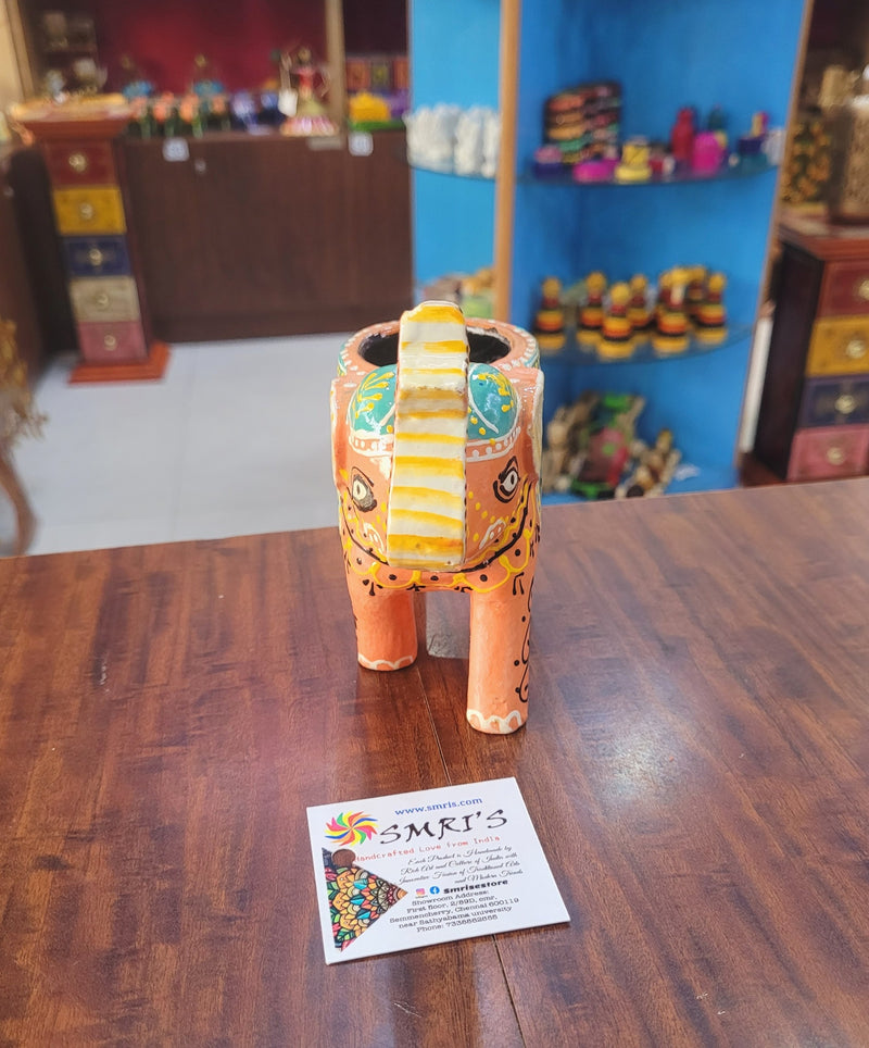 Wooden Carving Elephant Orange Deepam Holder Handpainted Indian Handicrafts Home Decor (4 H * 4.5 L *2 W) inches