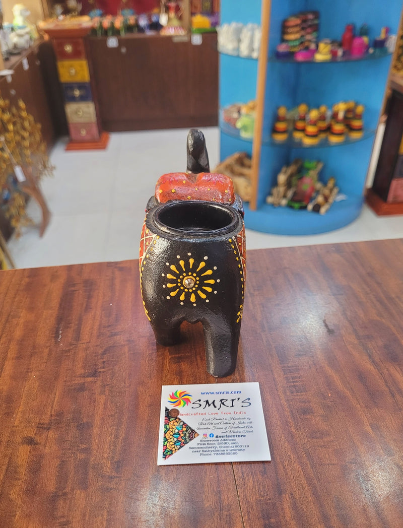 Wooden Carving Elephant Black Deepam Holder Handpainted Indian Handicrafts Home Decor (4 H * 4.5 L *2 W) inches