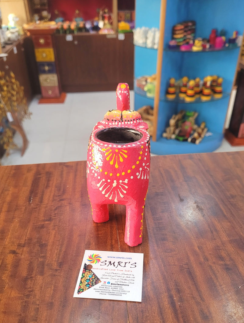 Wooden Carving Elephant Pink Deepam Holder Handpainted Indian Handicrafts Home Decor (4 H * 4.5 L *2 W) inches