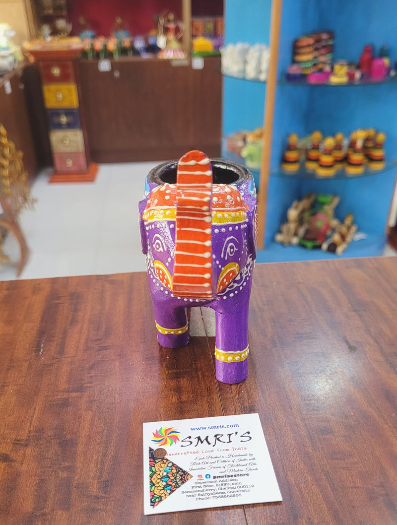 Wooden Carving Elephant Violet Deepam Holder Handpainted Indian Handicrafts Home Decor (4 H * 4.5 L *2 W) inches