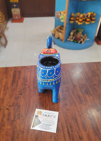 Wooden Carving Elephant Dark Blue Deepam Holder Handpainted Indian Handicrafts Home Decor (4 H * 4.5 L *2 W) inches