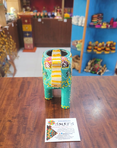 Wooden Carving Elephant Green Deepam Holder Handpainted Indian Handicrafts Home Decor (4 H * 4.5 L *2 W) inches