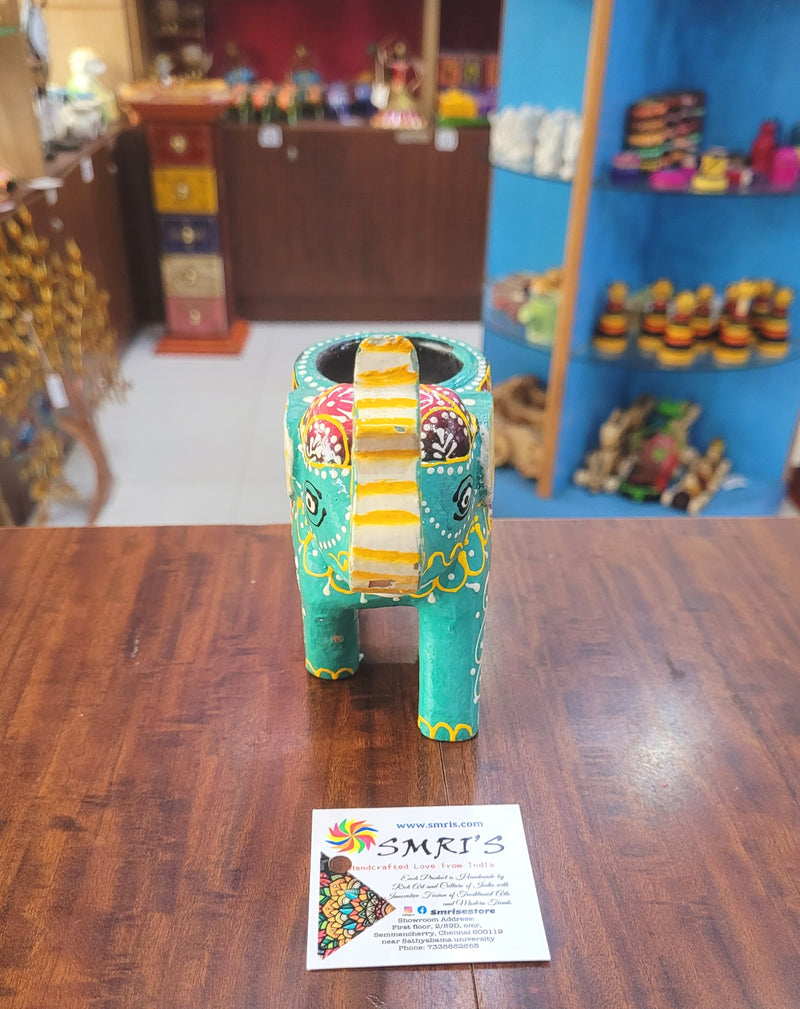 Wooden Carving Elephant Green Deepam Holder Handpainted Indian Handicrafts Home Decor (4 H * 4.5 L *2 W) inches